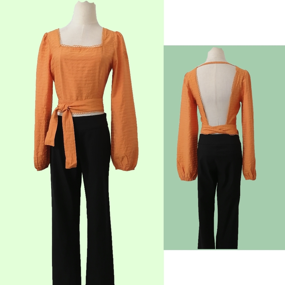 orange long puff sleeve open back cropped top